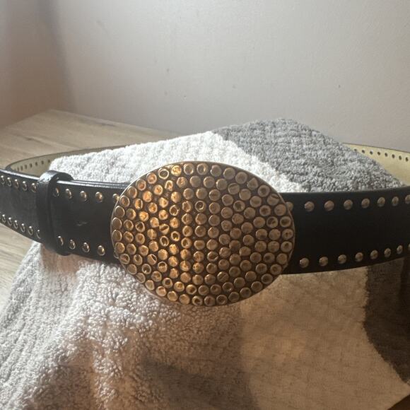 BELT 2 ROW FLAT ROUND STUDS BLACK GENUINE LEATHER 1.5" - Picture 1 of 7